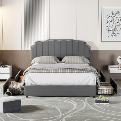 Dark Grey Full Bed Frame with 4 Storage Drawers & Adjustable Headboard