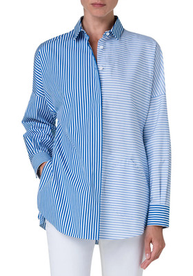 $695 AKRIS Mixed Directional Blue Stripe Cotton Poplin Button-Up Shirt NWOT/sz 6