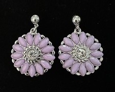 Purple Acrylic Rhinestone Flower Dangle Pierced Earrings Post Back