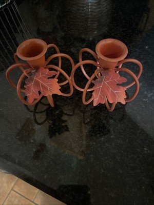 ORANGE PUMPKIN Metal Taper Candle Holders 3  Tall Set Of 2
