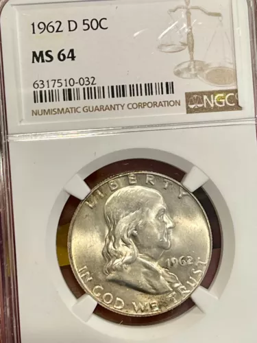 1962-D FRANKLIN HALF DOLLAR,GRADED BY NGC MS 64 OUTSTANDING COIN (#032)