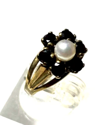Vintage 333 Gold 8 K Ring 6 Granat + 1 Perle Ø 16 mm RG 50 Klassiker gepflegt - Bild 1 von 4