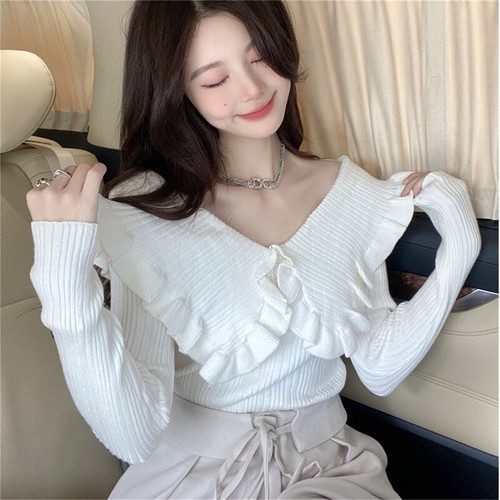 Autumn Women Sweet Doll Collar Agaric Edge Long Sleeve Slim Knitted