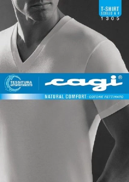 6 T-SHIRT MAGLIETTA UOMO CAGI MANICA CORTA 1305 BIANCA SCOLLO V 100% COTONE