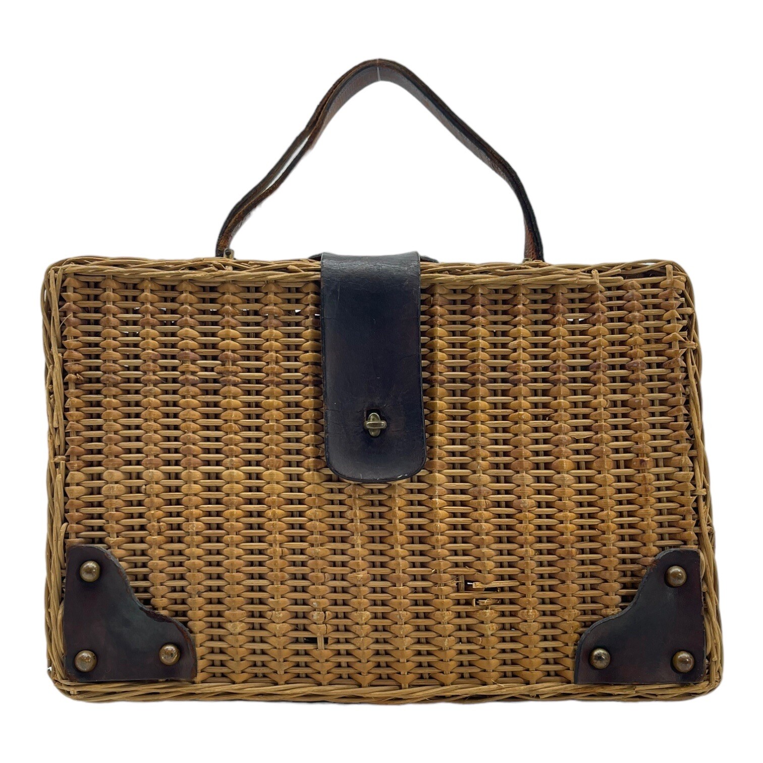 Vintage 50s 60s ETIENNE AIGNER Large Woven Wicker Leather Handbag Basket Bag