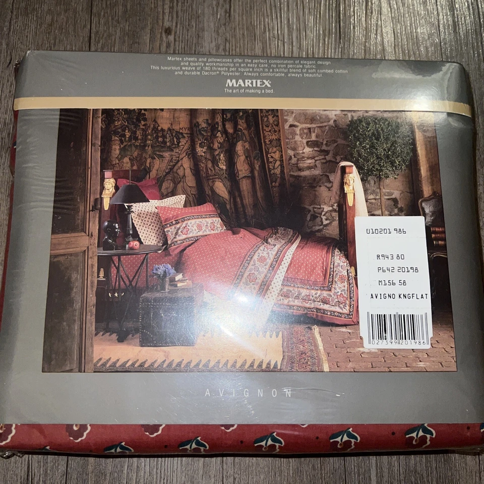 SÁBANA PLANA VINTAGE MARTEX KING FLORAL Aviñón Francés Provincial Rojo RARA NUEVA NOS Foto 2 de 4