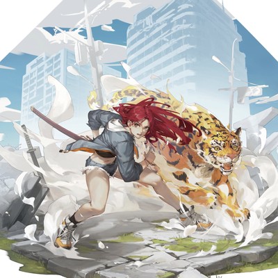 Anime tiger art girls redhead sword animals long hair Gaming Mat Desk Pad