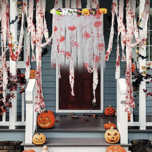 2 pcs Bloody Curtain Decoration Halloween Scary Decor Haunted House Door Party - Picture 10 of 12