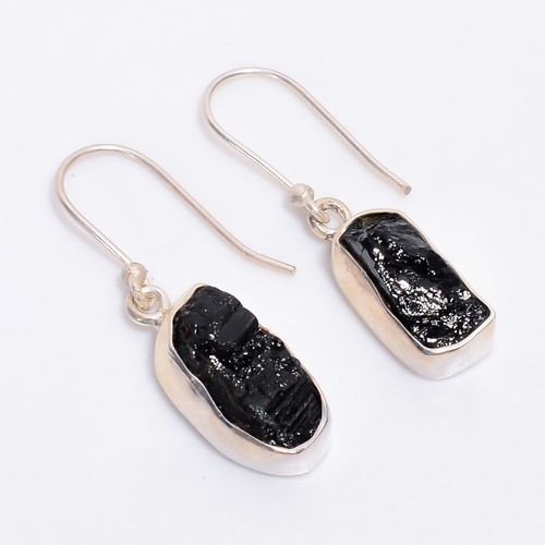 925 Sterling Silver Jewelry Natural Black Tourmaline Druzy Dangle Earrings Gift - Picture 2 of 7