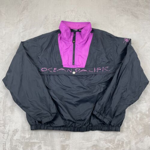 Vintage Ocean Pacific Jacket Men XL Black Purple Anorak Windbreaker Op Full Zip - Picture 1 of 16