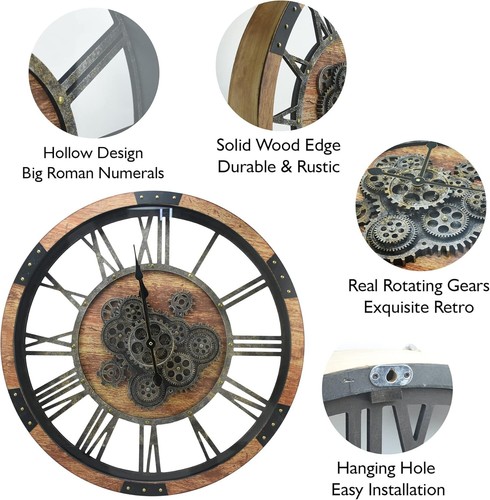 Large 27-Inch Real Moving Gears Wall Clock - Rustic Vintage Decorative Timepiece - Picture 6 of 9