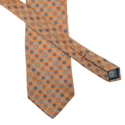 100% Silk Necktie Foulard Orange Geometric Belinzona Hand-Sewn 59L x3.75 L U.S.A