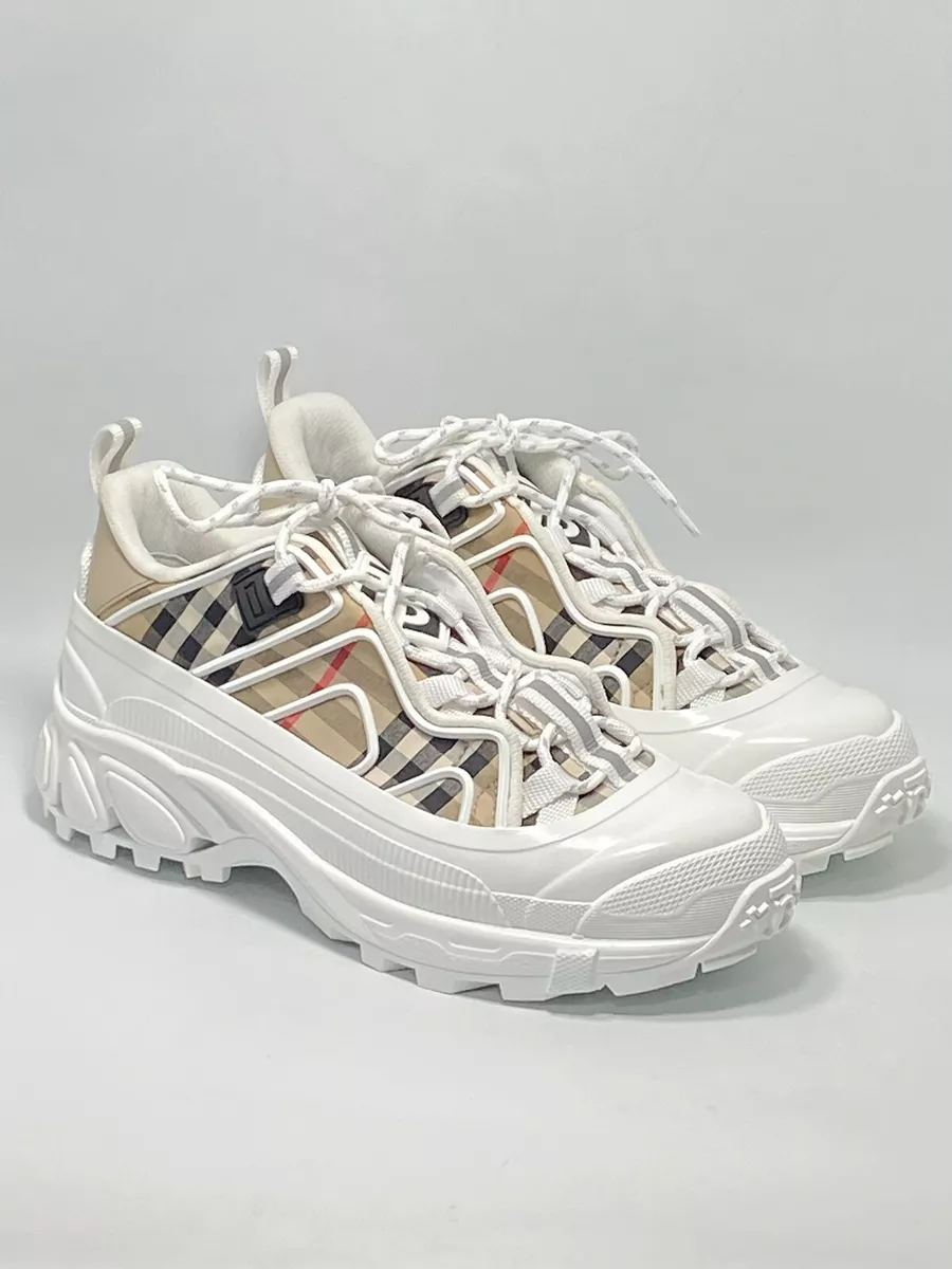 $950 Burberry Arthur Vintage Checked Cotton & Leather Low-Top Sneakers size 39