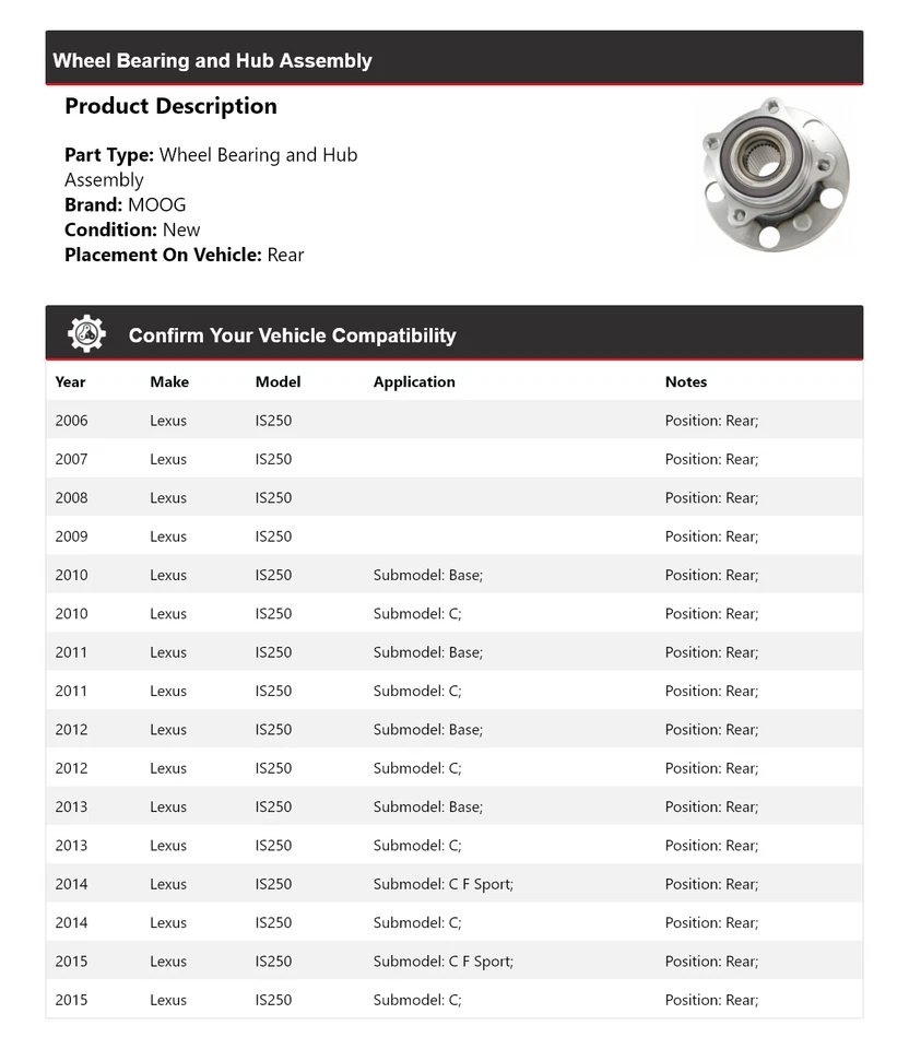 Conjunto de cojinete de rueda y buje trasero MOOG 2006 2007 para Lexus IS250 2006-2015 Foto 2 de 4