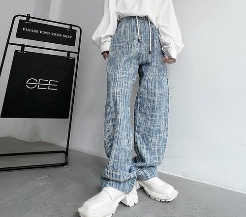 Men's Fashion Design Drawstring Loose Printed Denim Pants Youth Casual Trousers