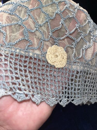 Antique Edwardian Victorian Lace Blue Silk Cap Bonnet Tatted Crochet Amazing - Picture 9 of 13