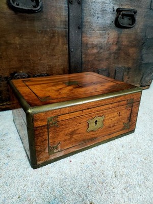 Antike Holz Messing Intarsien frühe Schatulle Samteinsatz blau gute Qualität 