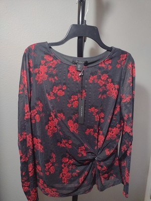 New Tahari Black Red Floral Sheer Top Womens L Mesh Twist Front Long Sleeve Stud