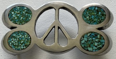 1979 Hand Made Turquoise Chip Inlay Peace Sign Belt Buckle From Kingman Mine