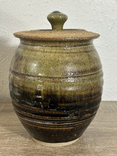 Vintage Tim Cundiff Stoneware Jar w/ Lid 6.5” Blue Brown Glaze Signed USA - Picture 6 of 13