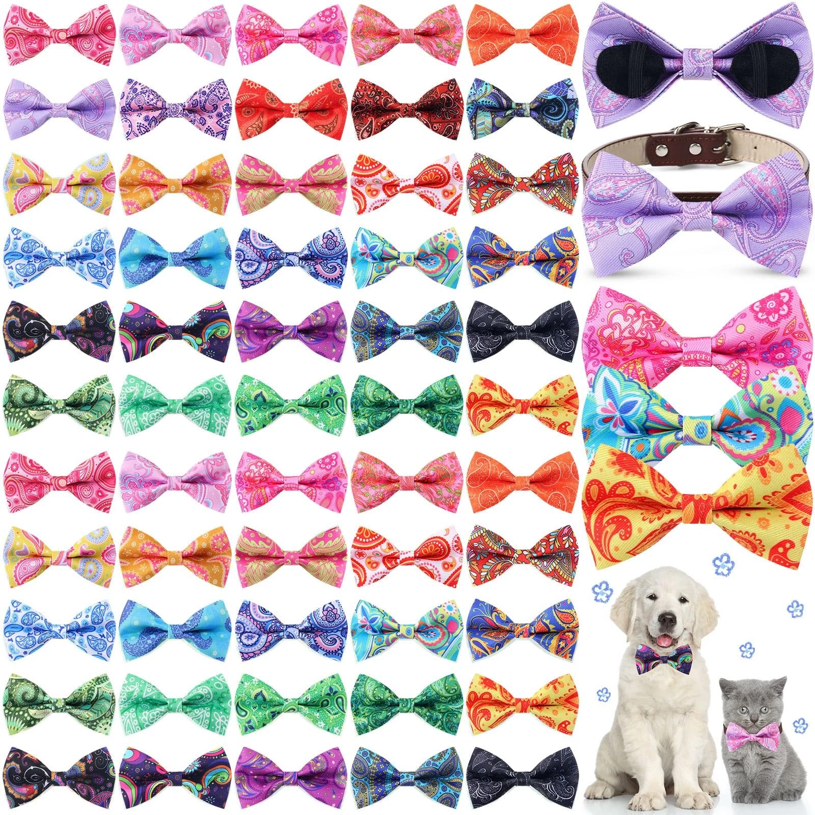 Sanwuta 60 Pcs Paisley Dog Collar Bow Bulk Floral Pet Bow Ties Dog Accessorie...