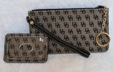 Dooney & Bourke Black Brown Signature Monogram Logo WRISTLET & ID CARD CASE Set