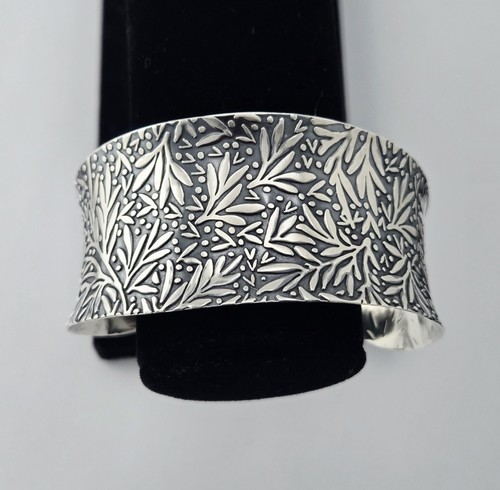 Vintage Taxco Sterling Silver Concave Floral Leaf Cuff Bracelet 7" - 23g