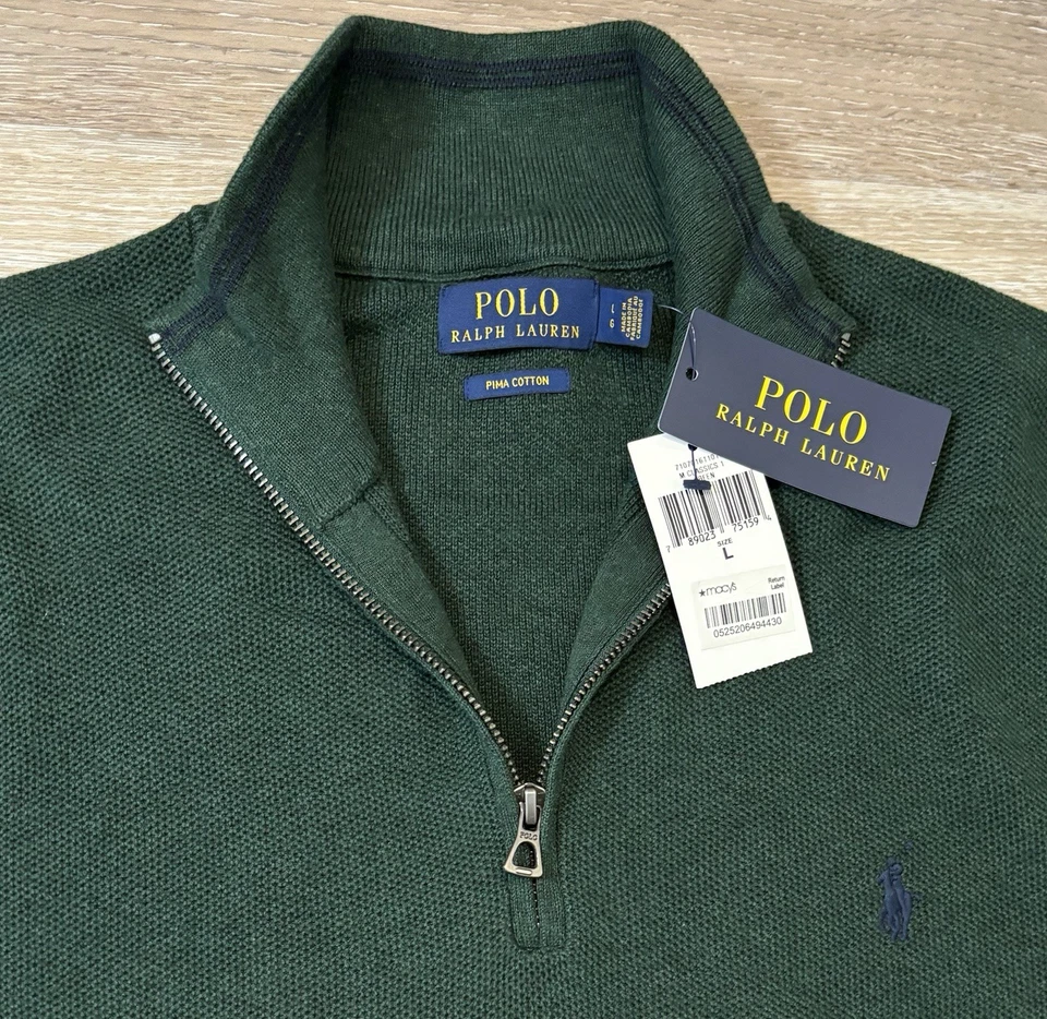 NWT Polo Ralph Lauren Men’s 1/4 Zip Sweater Large Green Pima Cotton Waffle Knit - Image 2 of 4