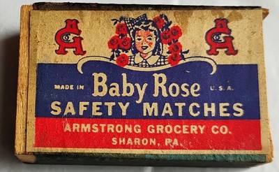Vintage Matchbox, Baby Rose Safety Matches, Armstrong Grocery, Sharon, Pa.