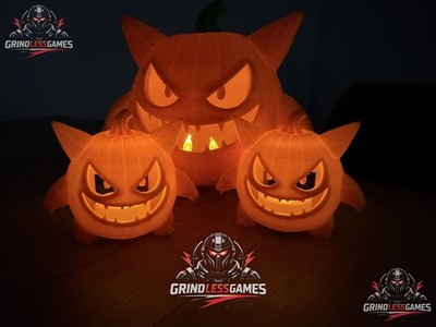 Große & Mini Gengar Halloween Kürbis Laterne 3 Stück Set - Flackernde LED  