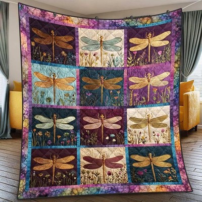 Dragonfly Floral Quilted Blanket Boho Nature Quilt Cottagecore Home Decor Gift