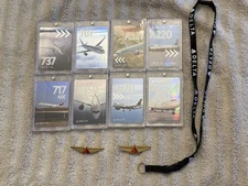Delta Airline Pilot Trading Cards Set. 4 Airbus, 4 Boeing, Wings, ID Lanyard