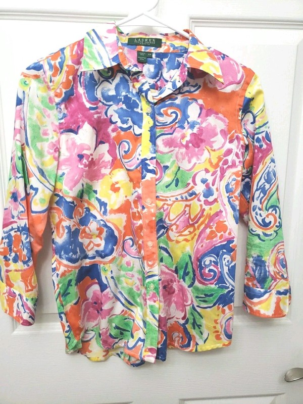 Lauren By Ralph Lauren Size PP Cotton Shirt 3/4 Sleeve Button-up Multicolor 