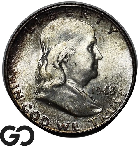 1948-D Franklin Half Dollar, Nice Toner, Gem BU++