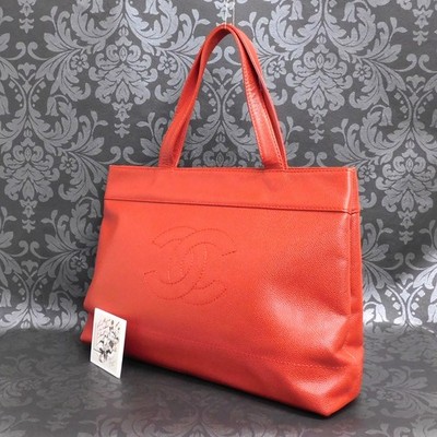 CHANEL Caviar Skin Leather COCO Mark RED Shoulder Bag Tote Bag   #2831 Rise-on