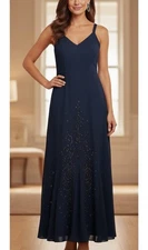 R&M Richards Navy Blue Evening Formal Dress Gown Size 14 Maxi Long Beaded Party