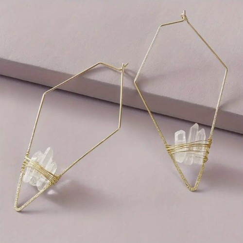 Bohemian Gold & Clear White Quartz Crystal Geometric Hoop Earrings NEW - Picture 7 of 7
