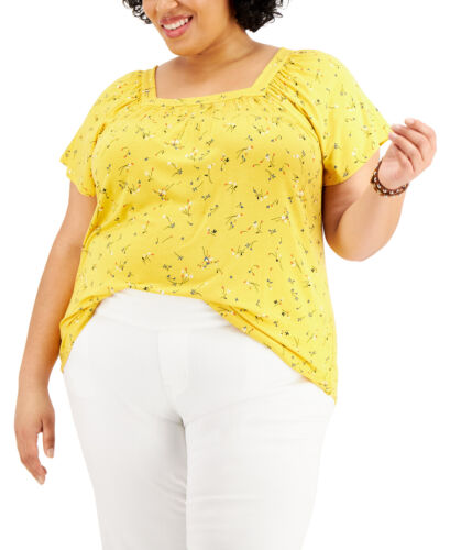 Style & Co Women's Plus Size Printed Square-Neck Top (2X, Summer Ditsy)