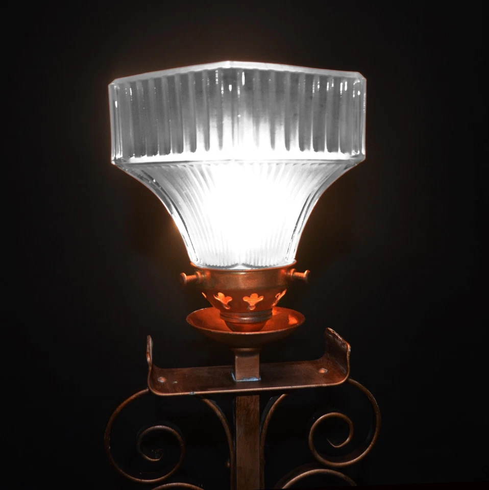 Fine copper brass Edwardian French art deco 1910 desk lamp rare holophane shade - Image 2 of 4