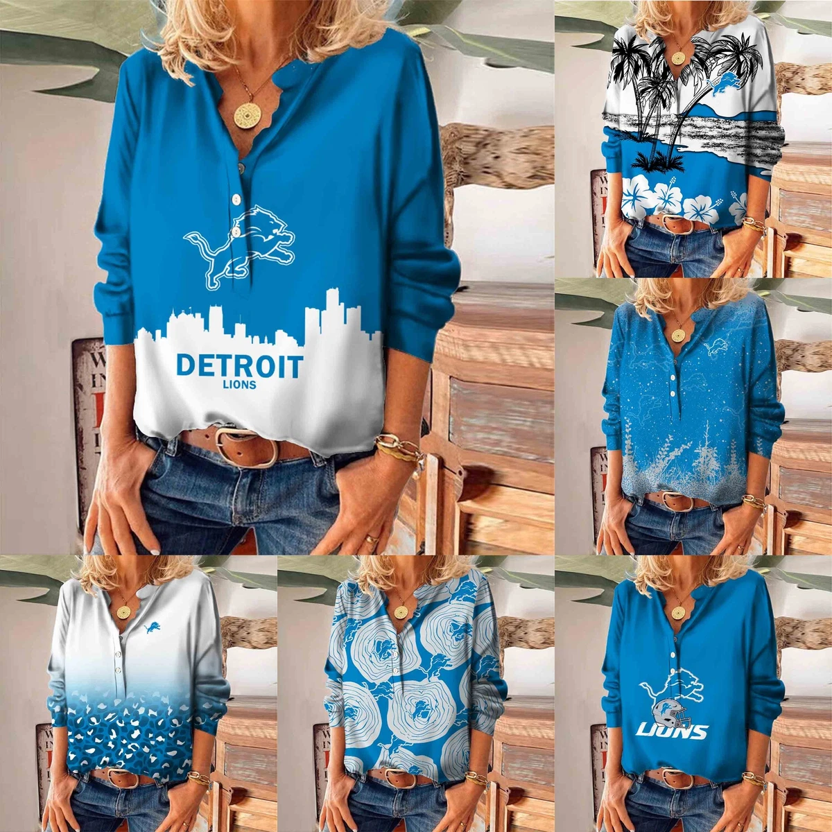 Detroit Lions Womens V Neck Tops Long Sleeve Shirts Casual Button