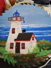 Nautical Lighthouse beach hand painted scene on a real saw blade Artist signed