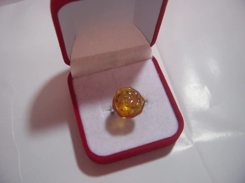 beautiful solid Silver Ring-genuine amber -carved into a rose-Size j-vintage