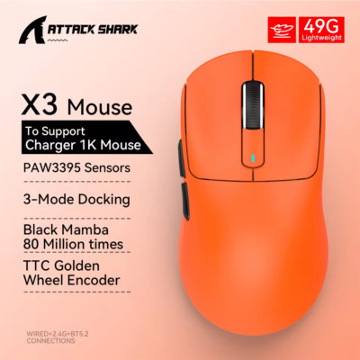 Attack Shark X3 Wireless Gaming Maus - Orange - Leicht - PC, Mac, Linux