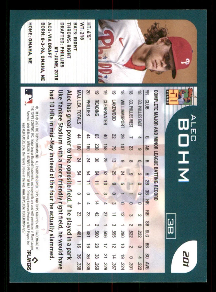 2021 Topps Archives #201 Alec Bohm RC - Image 2 of 2