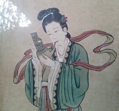 Pair Framed Antique/Vintage Chinese Wall Art Works - Beauties Playing Music