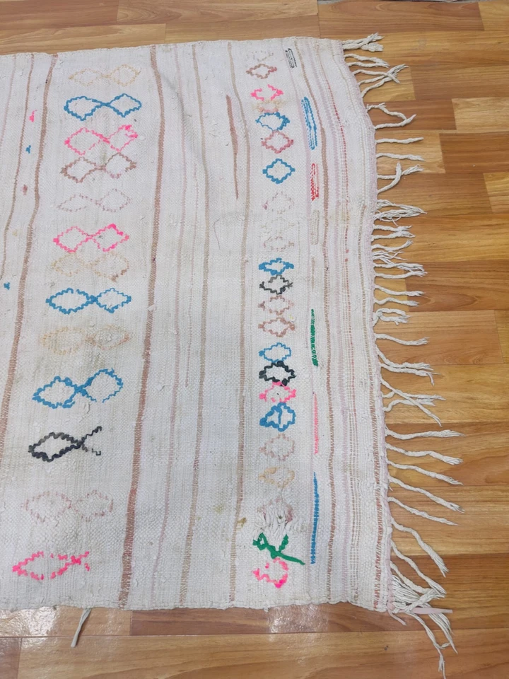 Alfombra Kilim marroquí vintage corredor blanco rosa azul lana geométrica Foto 3 de 4
