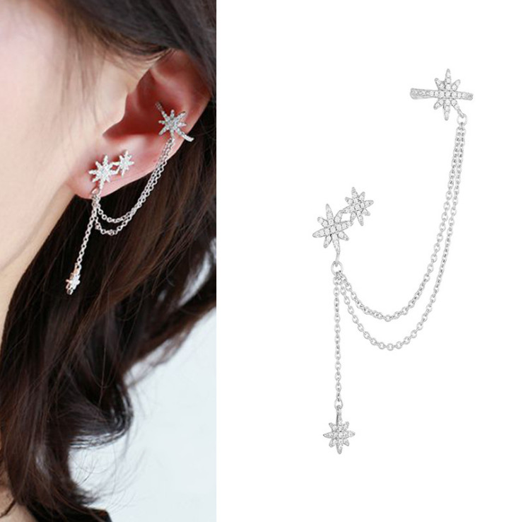 Star Hexagram Silver Cubic Zirconia CZ Clip On Ear Cuff Chain Stud Earrings PE43
