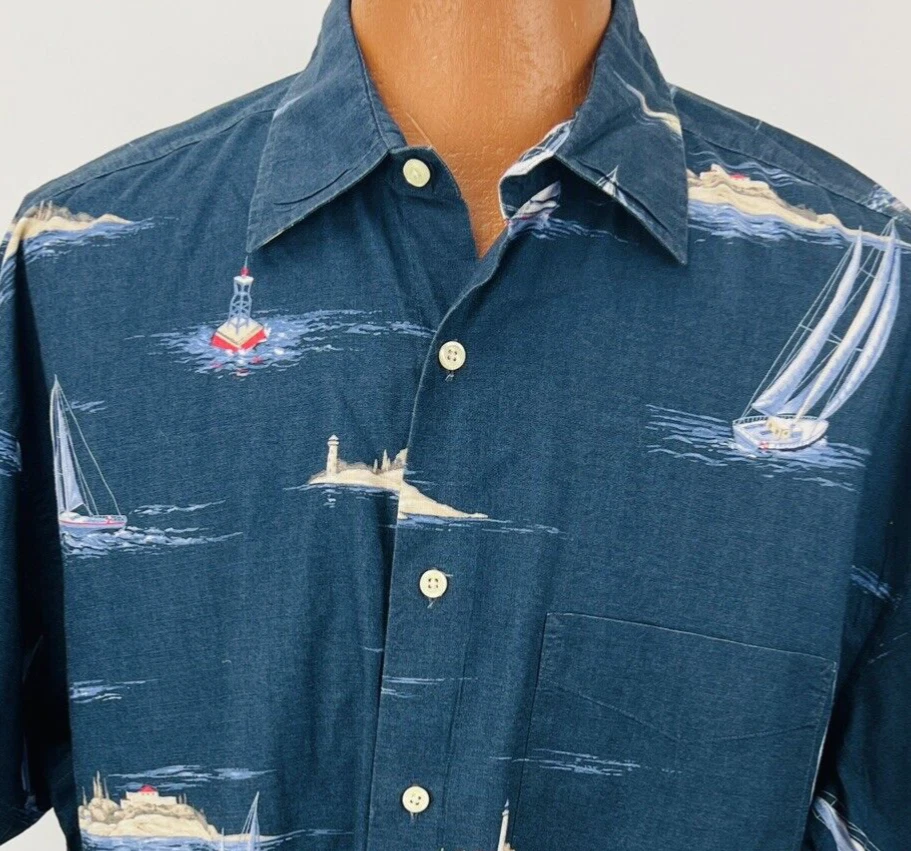 Nautica Hawaiian Aloha XL Shirt Tropical Sail Boats Islands Boating Sails Blue