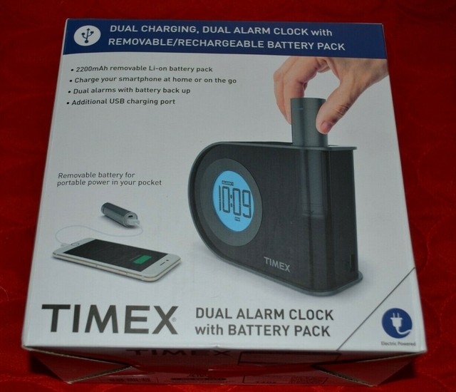 Timex Dual Charging Alarm Clock w/ Removable Rechargeable Battery Pack Black eBay