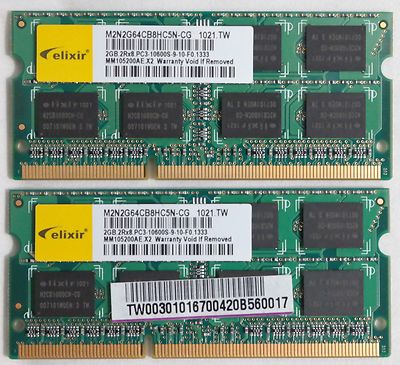 Elixir 4GB (2x2GB) PC3-10600S DDR3-1333 1333MHz Laptop Memory Ram